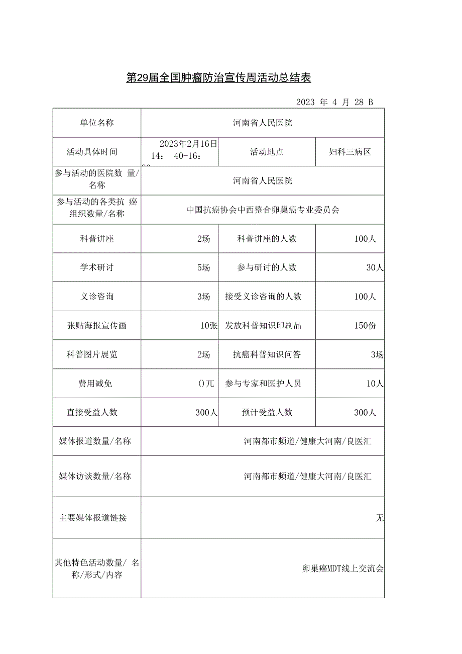 第29届全国肿瘤防治宣传周活动总结表.docx_第1页