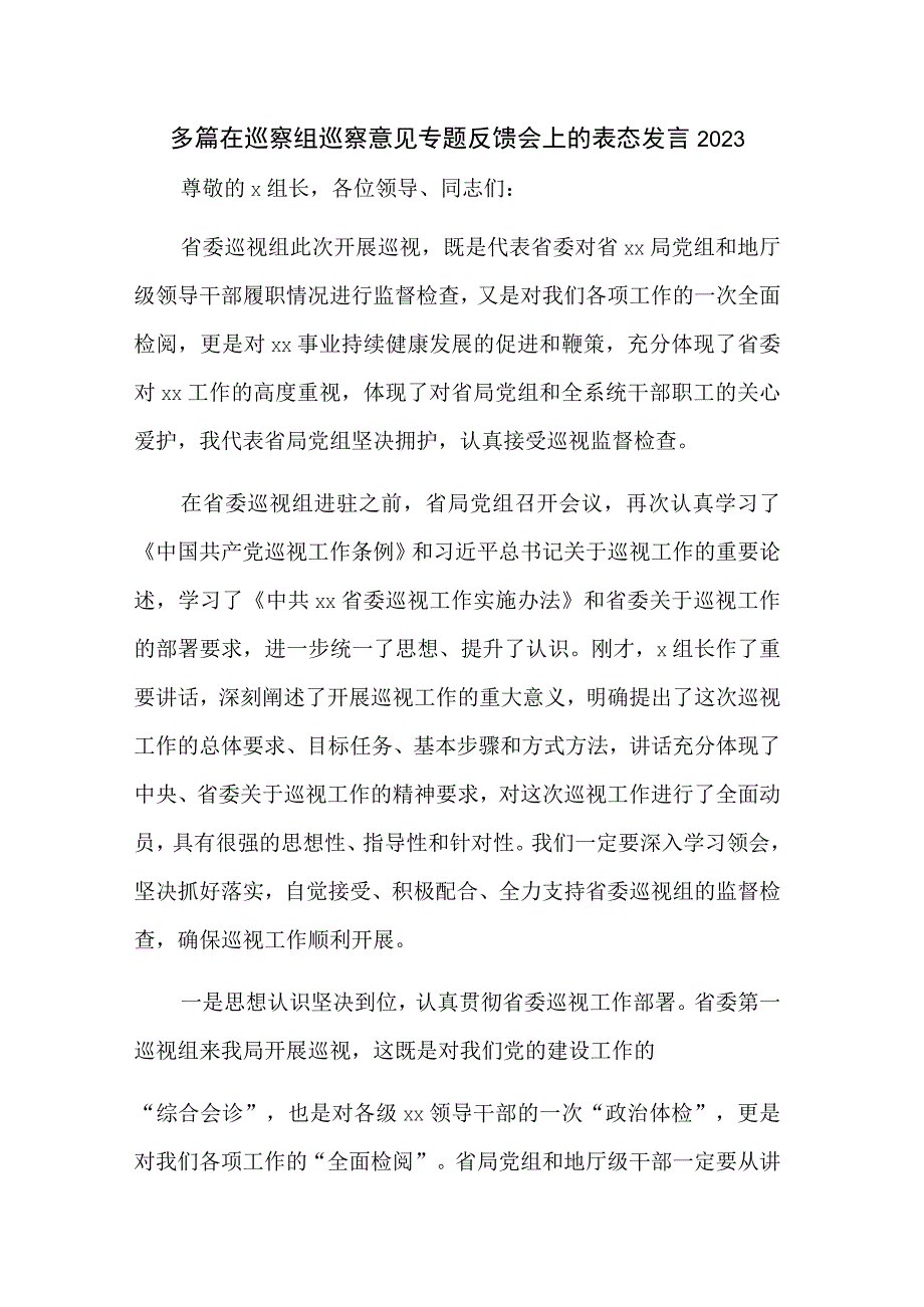 多篇在巡察组巡察意见专题反馈会上的表态发言2023.docx_第1页