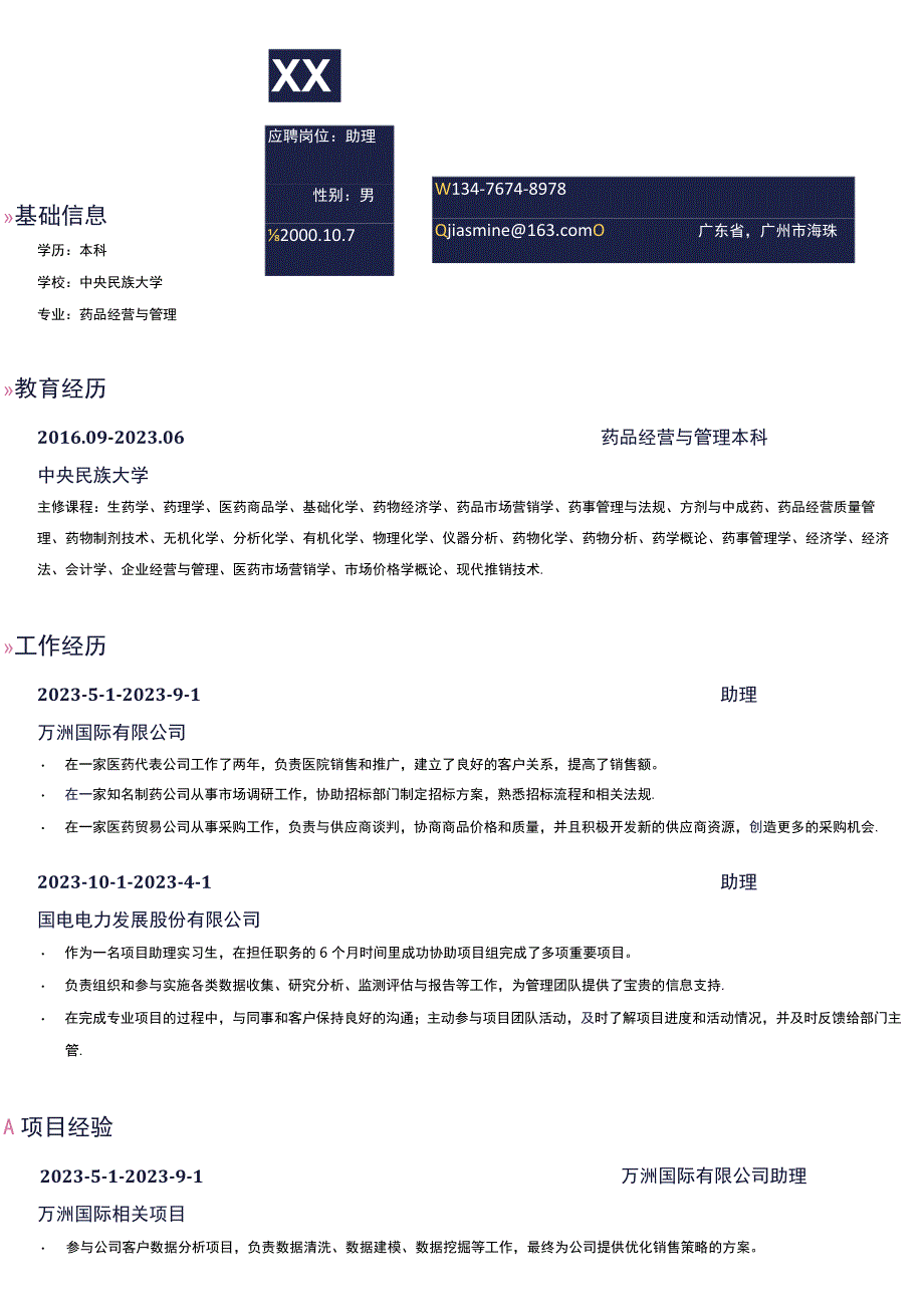 办公室主任助理岗位简历模板.docx_第1页