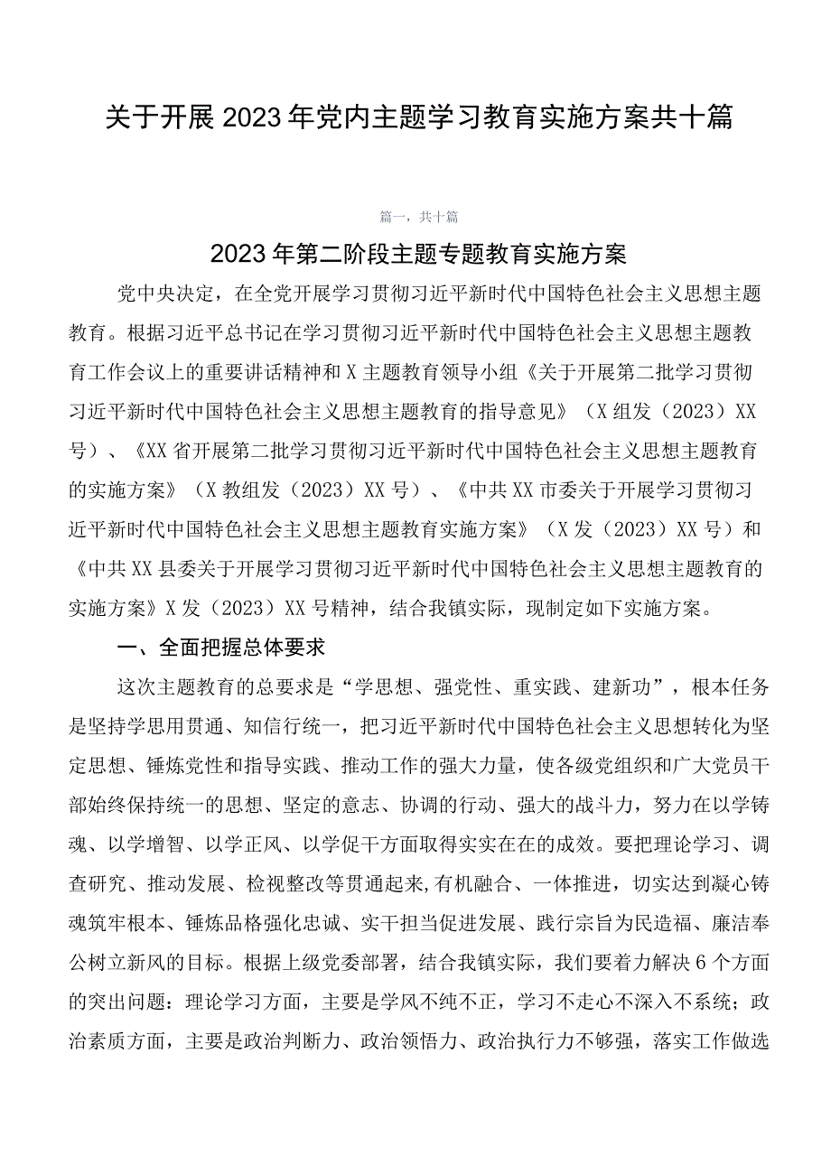 关于开展2023年党内主题学习教育实施方案共十篇.docx_第1页