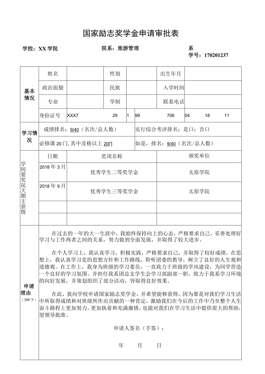 国家励志奖学金申请审批表.docx_第1页