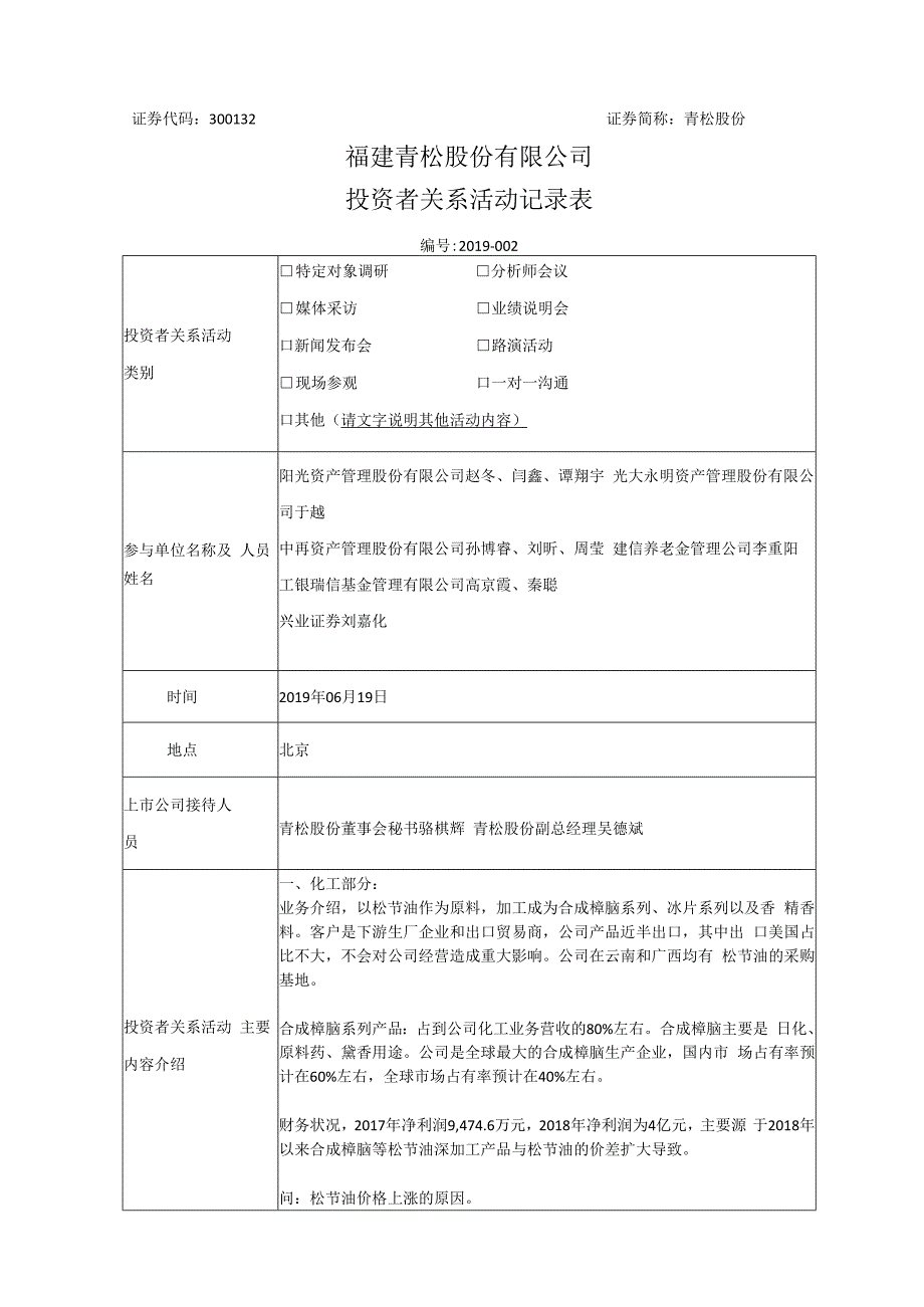 证券代码332证券简称青松股份福建青松股份有限公司投资者关系活动记录表.docx_第1页