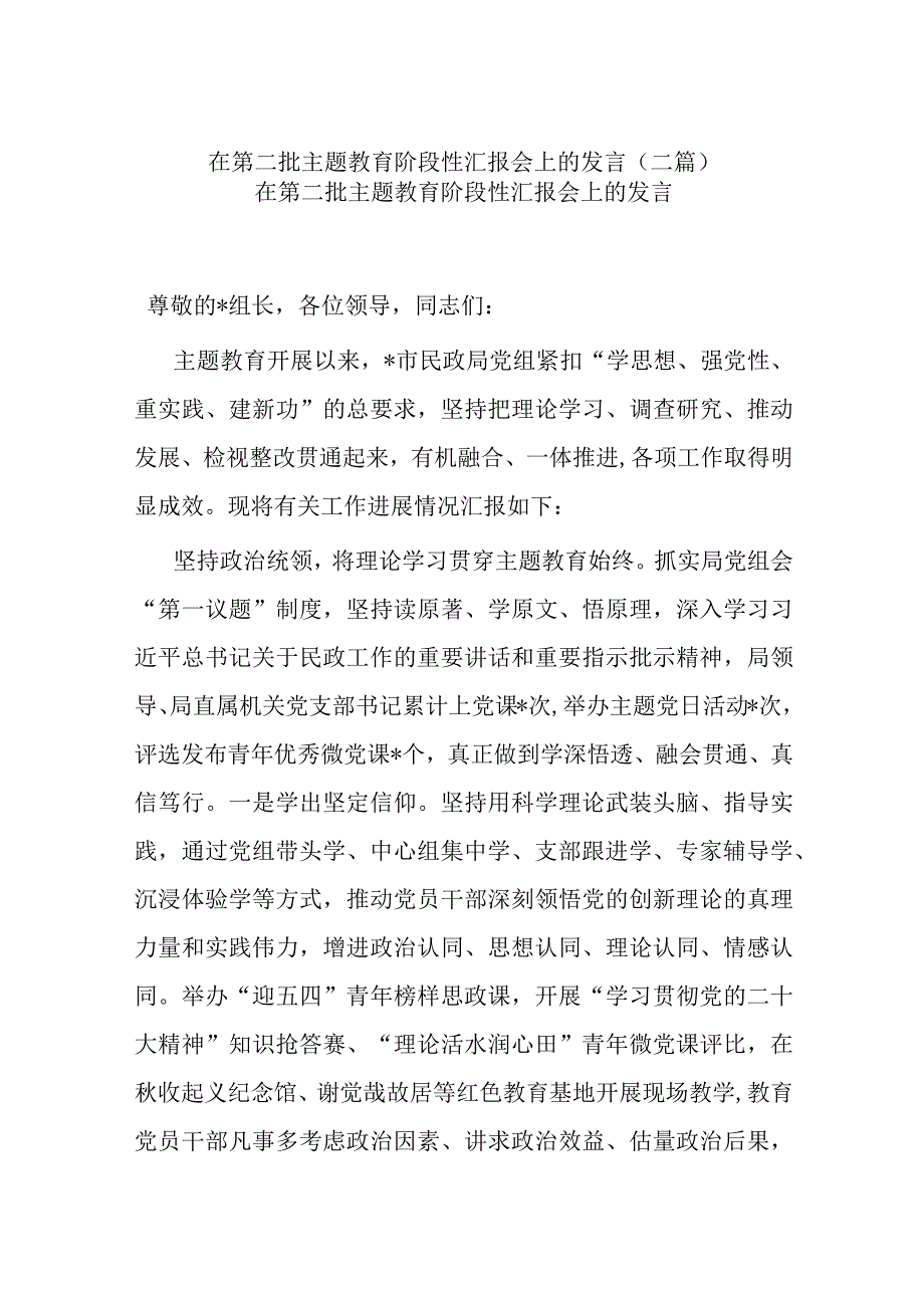 在第二批主题教育阶段性汇报会上的发言(二篇).docx_第1页