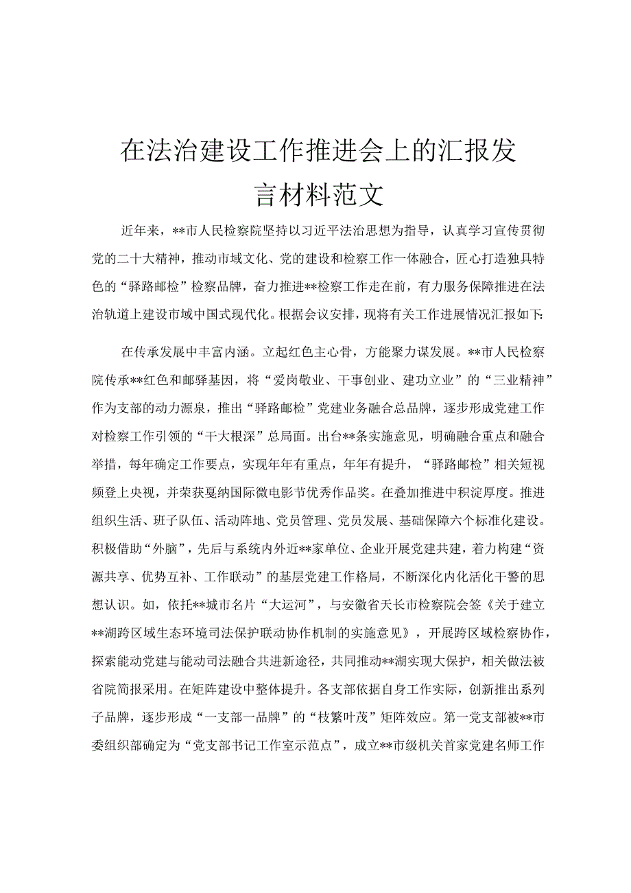 在法治建设工作推进会上的汇报发言材料范文.docx_第1页