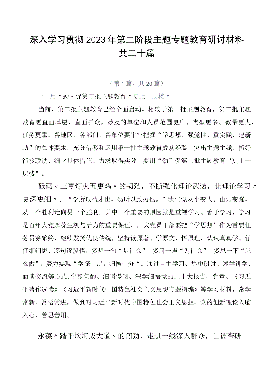 深入学习贯彻2023年第二阶段主题专题教育研讨材料共二十篇.docx_第1页