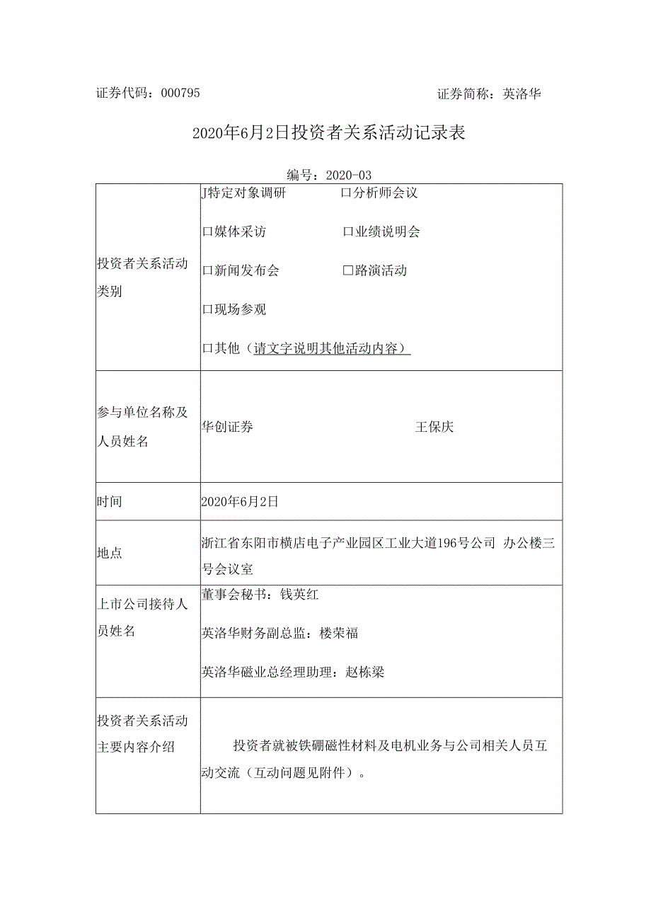 证券代码000795证券简称英洛华2020年6月2日投资者关系活动记录表.docx_第1页