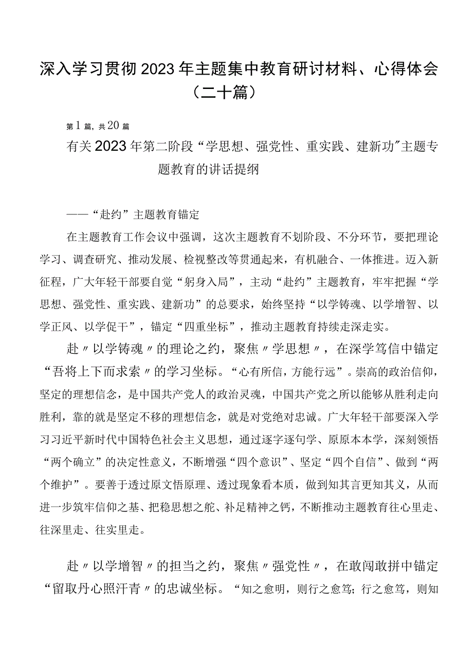 深入学习贯彻2023年主题集中教育研讨材料、心得体会（二十篇）.docx_第1页