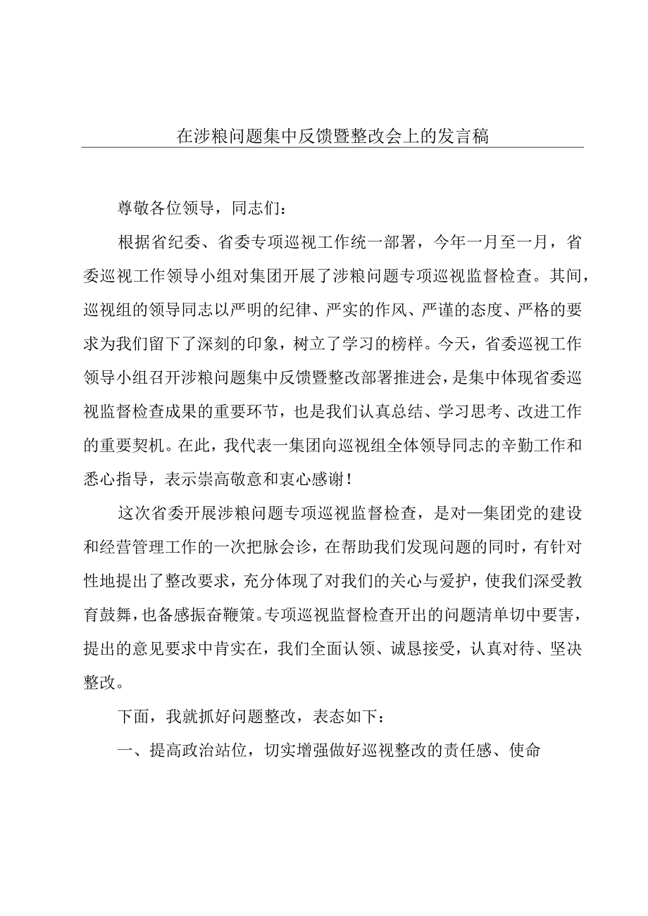 在涉粮问题集中反馈暨整改会上的发言稿.docx_第1页