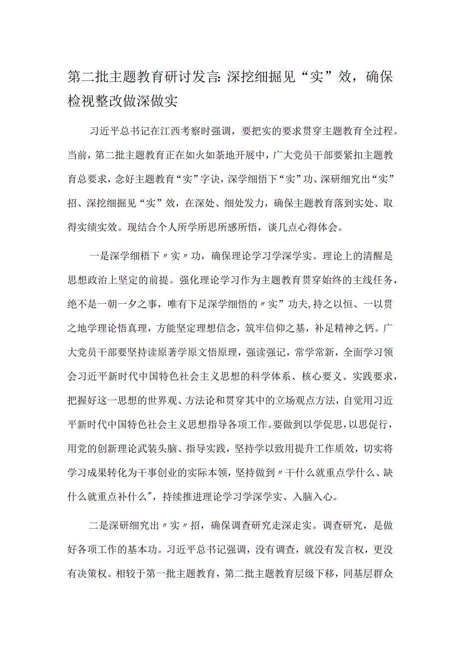 第二批主题教育研讨发言：深挖细掘见“实”效确保检视整改做深做实.docx_第1页