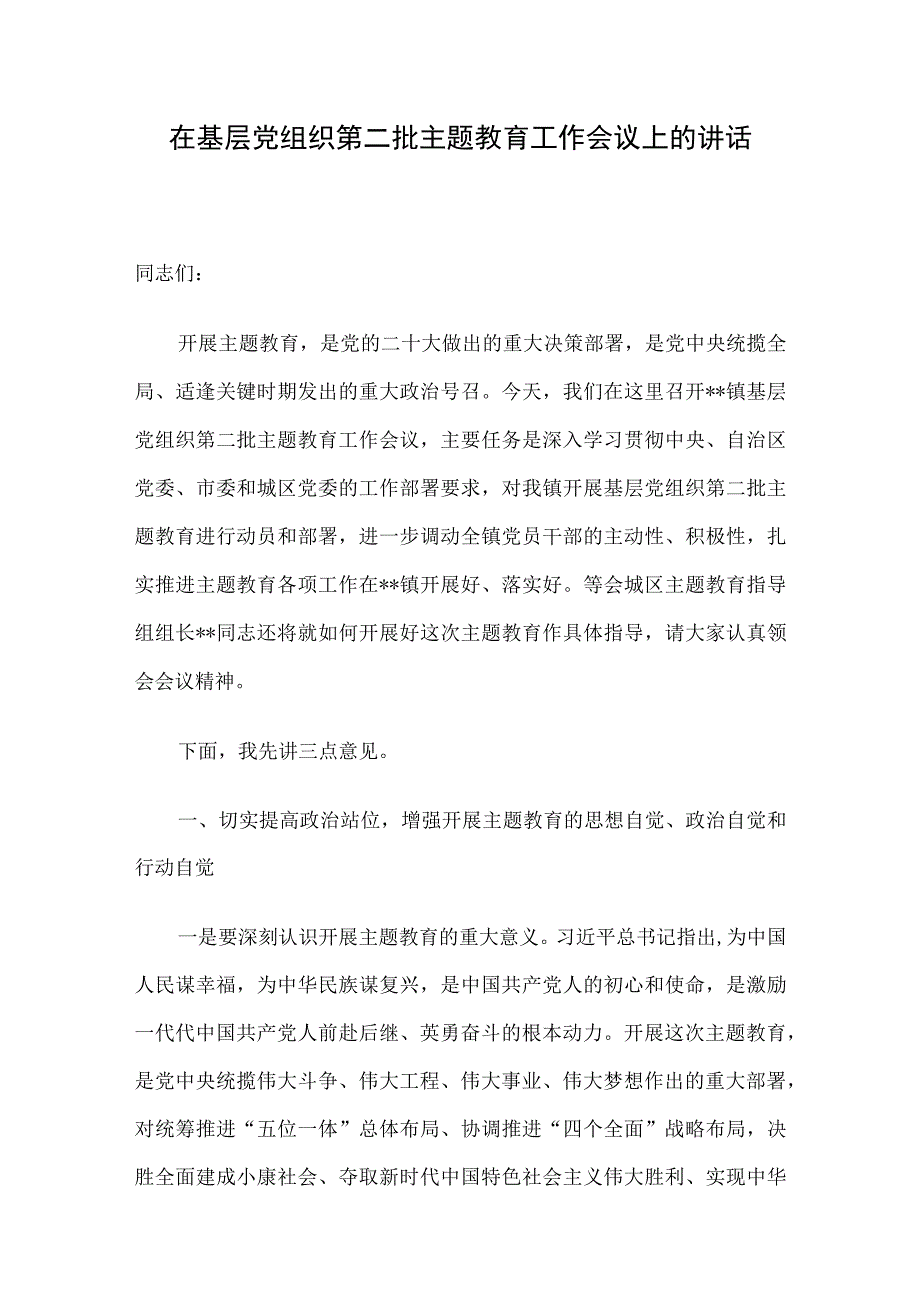 在基层党组织第二批主题教育工作会议上的讲话.docx_第1页