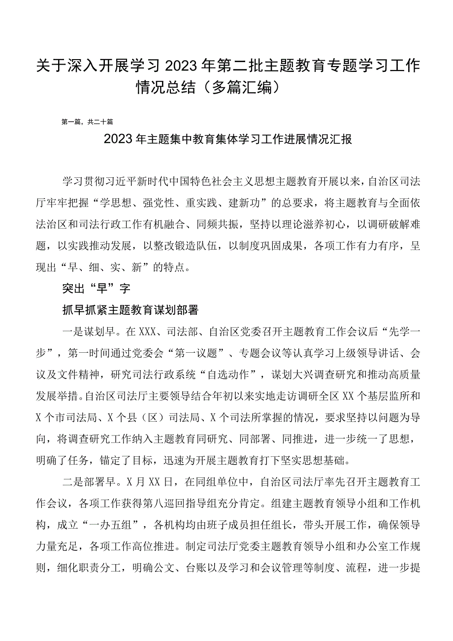 关于深入开展学习2023年第二批主题教育专题学习工作情况总结（多篇汇编）.docx_第1页