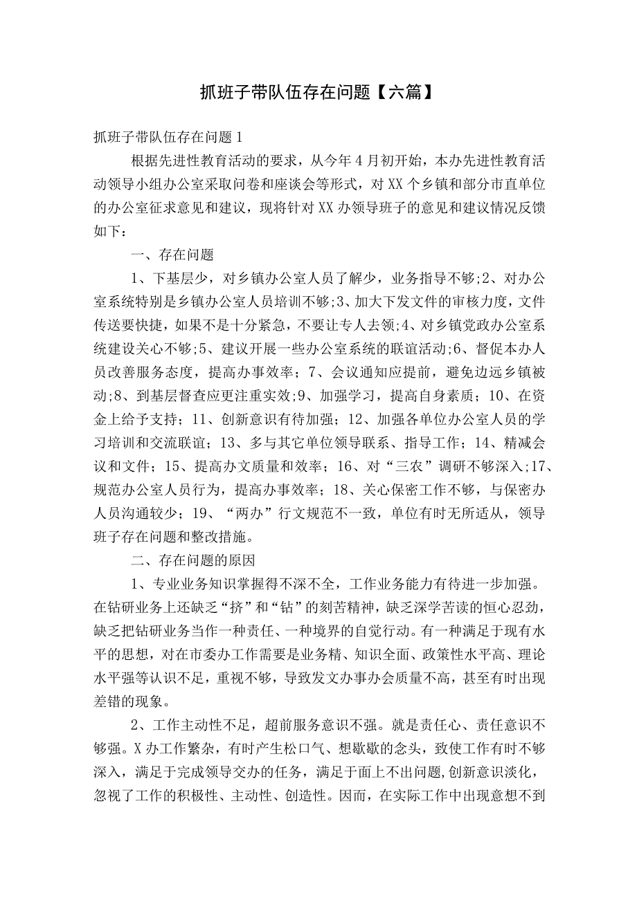 抓班子带队伍存在问题【六篇】.docx_第1页