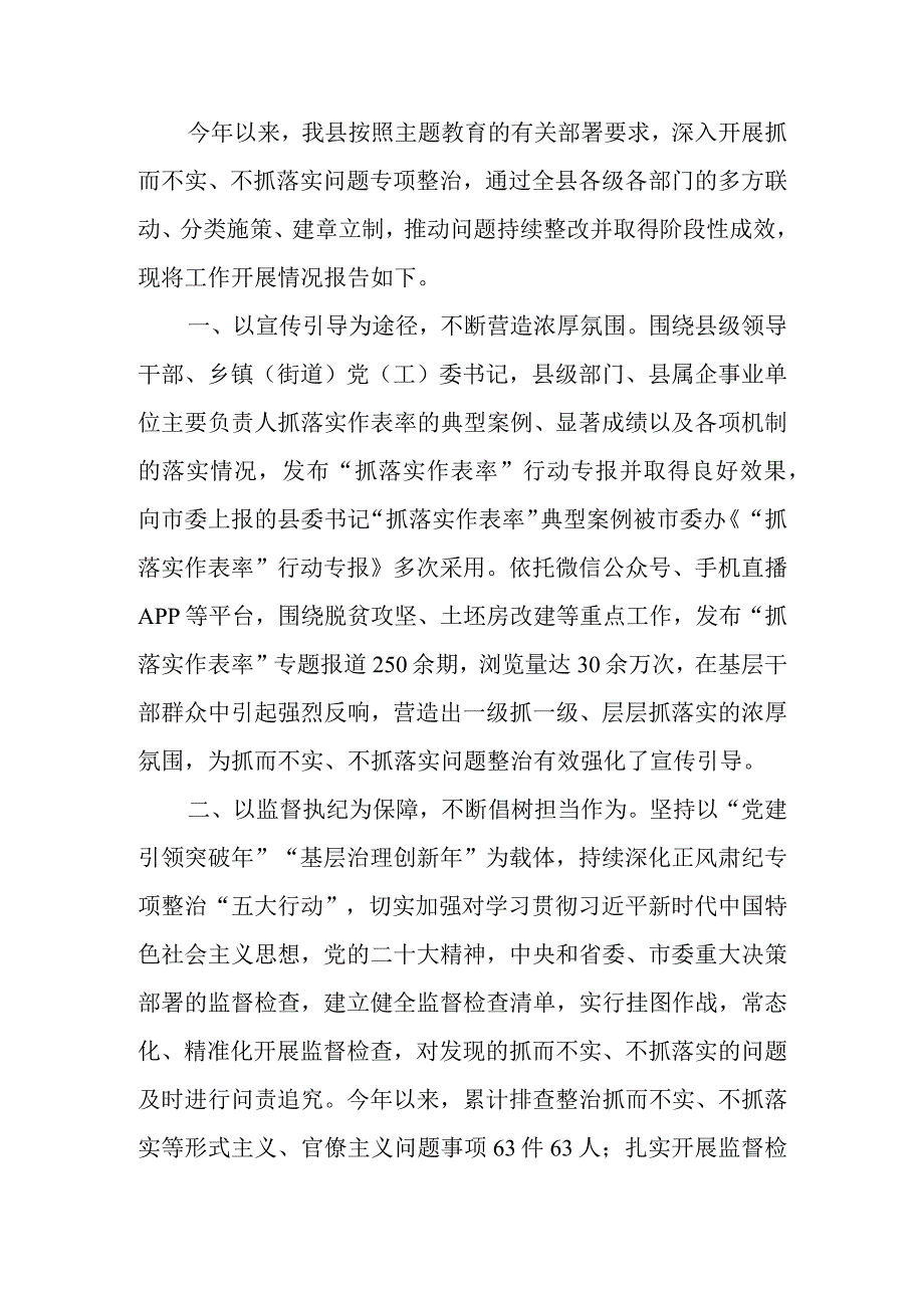 关于整治抓而不实不抓落实问题工作开展情况的报告.docx_第1页