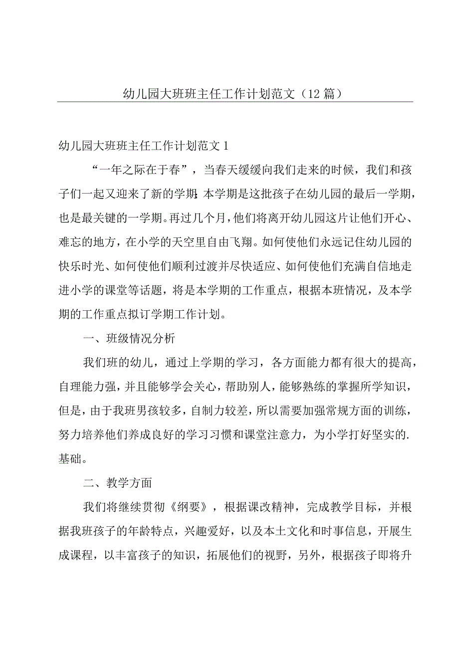 幼儿园大班班主任工作计划范文（12篇）.docx_第1页