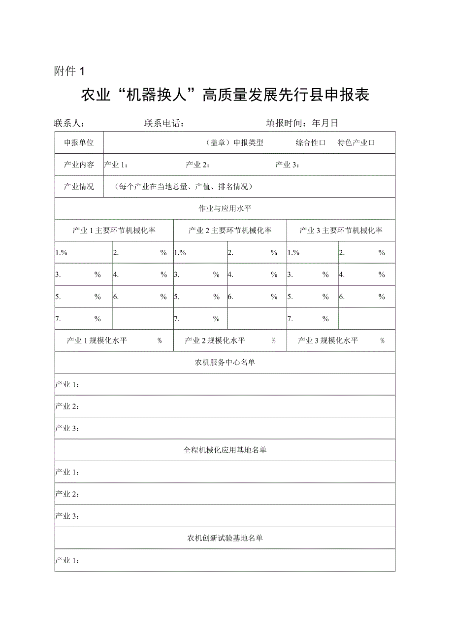 农业“机器换人”高质量发展先行县、农机服务中心、全程机械化应用基地、农机创新试验基地申报表.docx_第1页