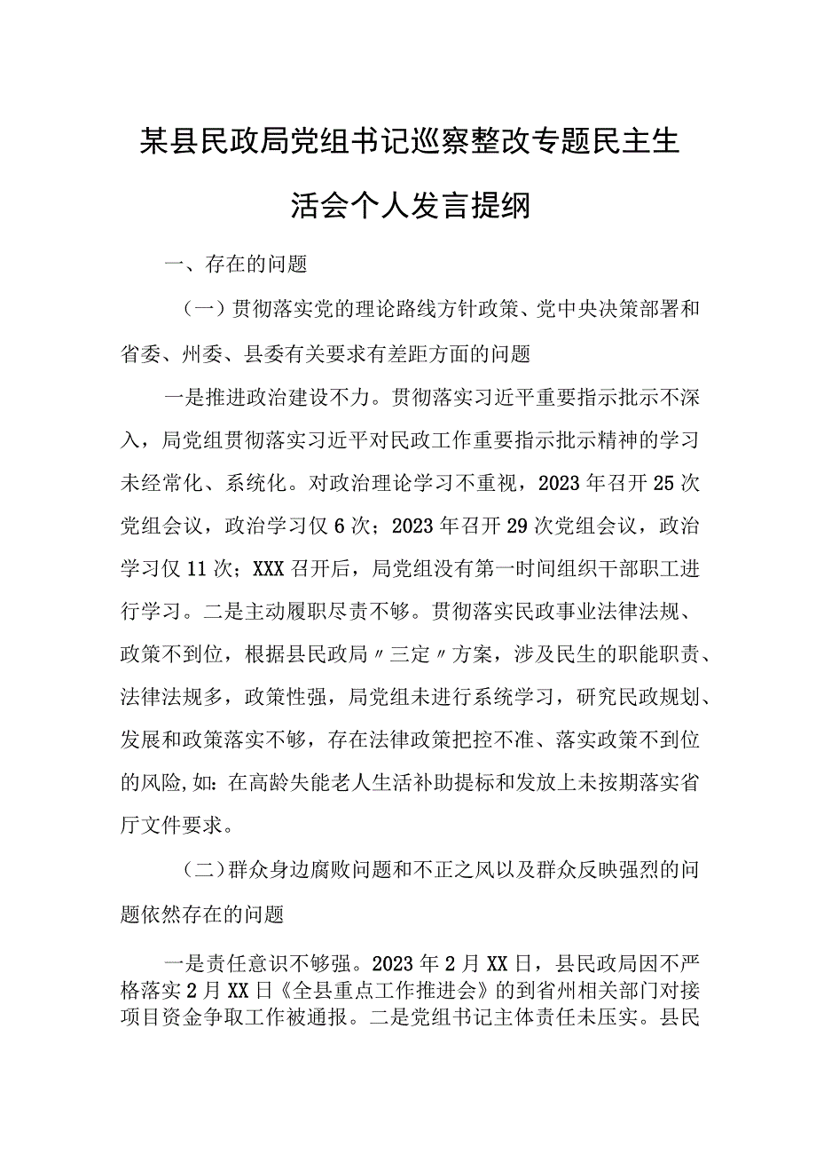 某县民政局党组书记巡察整改专题民主生活会个人发言提纲.docx_第1页