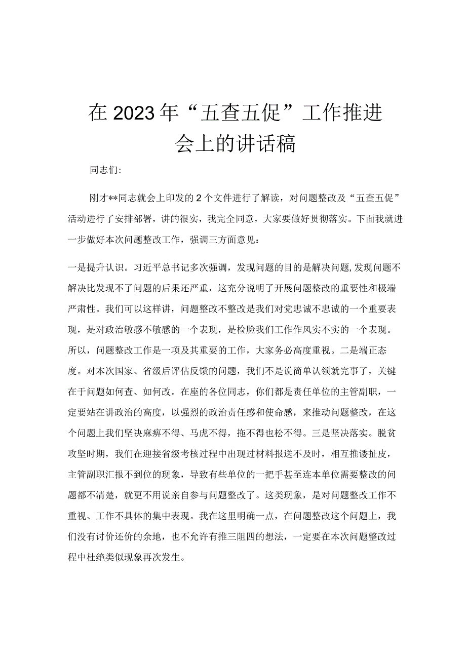 在2023年“五查五促”工作推进会上的讲话稿.docx_第1页