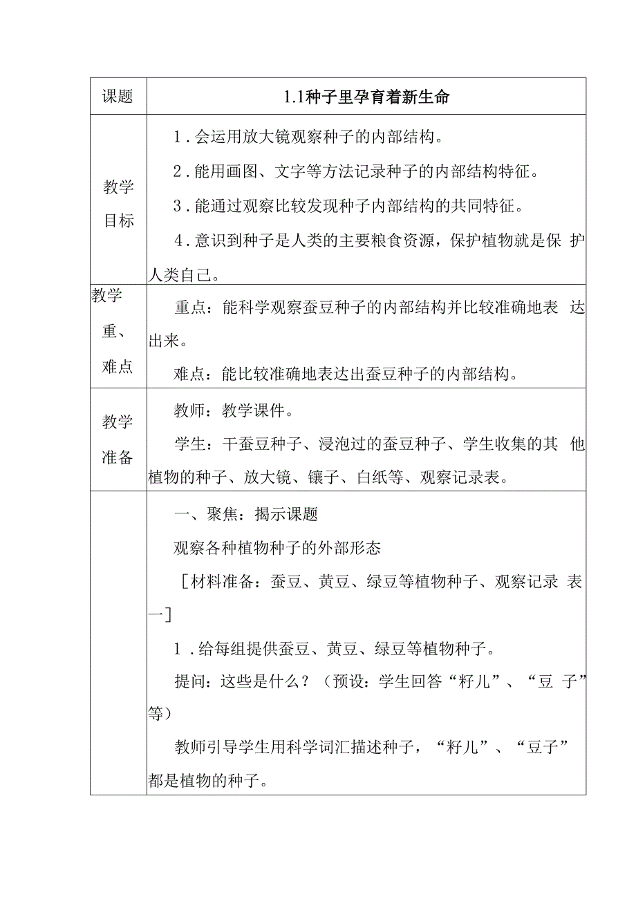 科教版四年级下册科学《种子里孕育着新生命》教学设计.docx_第1页