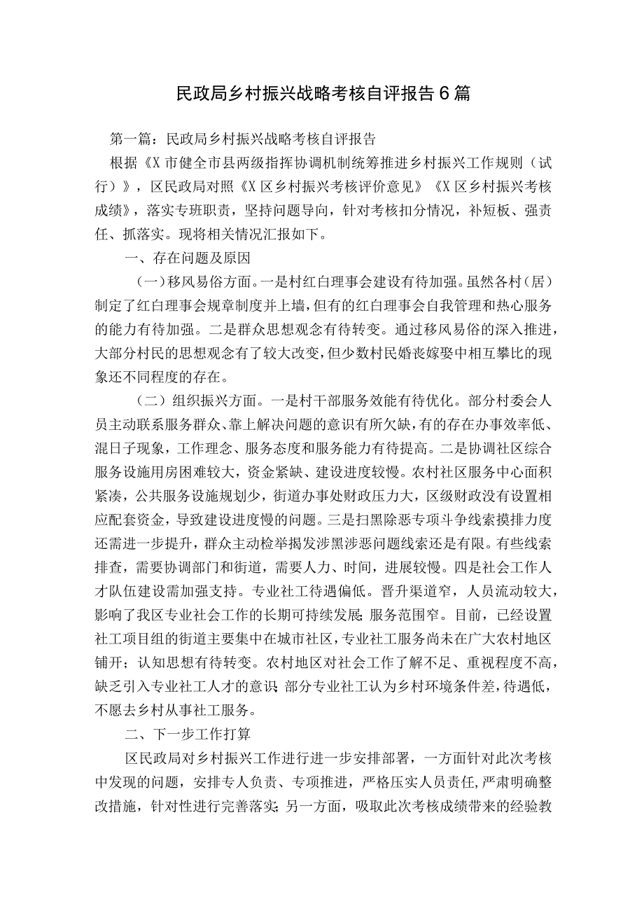 民政局乡村振兴战略考核自评报告6篇.docx_第1页