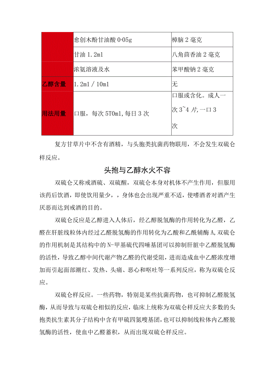 复方甘草口服溶液中成分含有乙醇、复方甘草片与复方甘草口服溶液联系、双硫仑样反应及应用发生双硫仑样反应药物安全时间间隔.docx_第2页