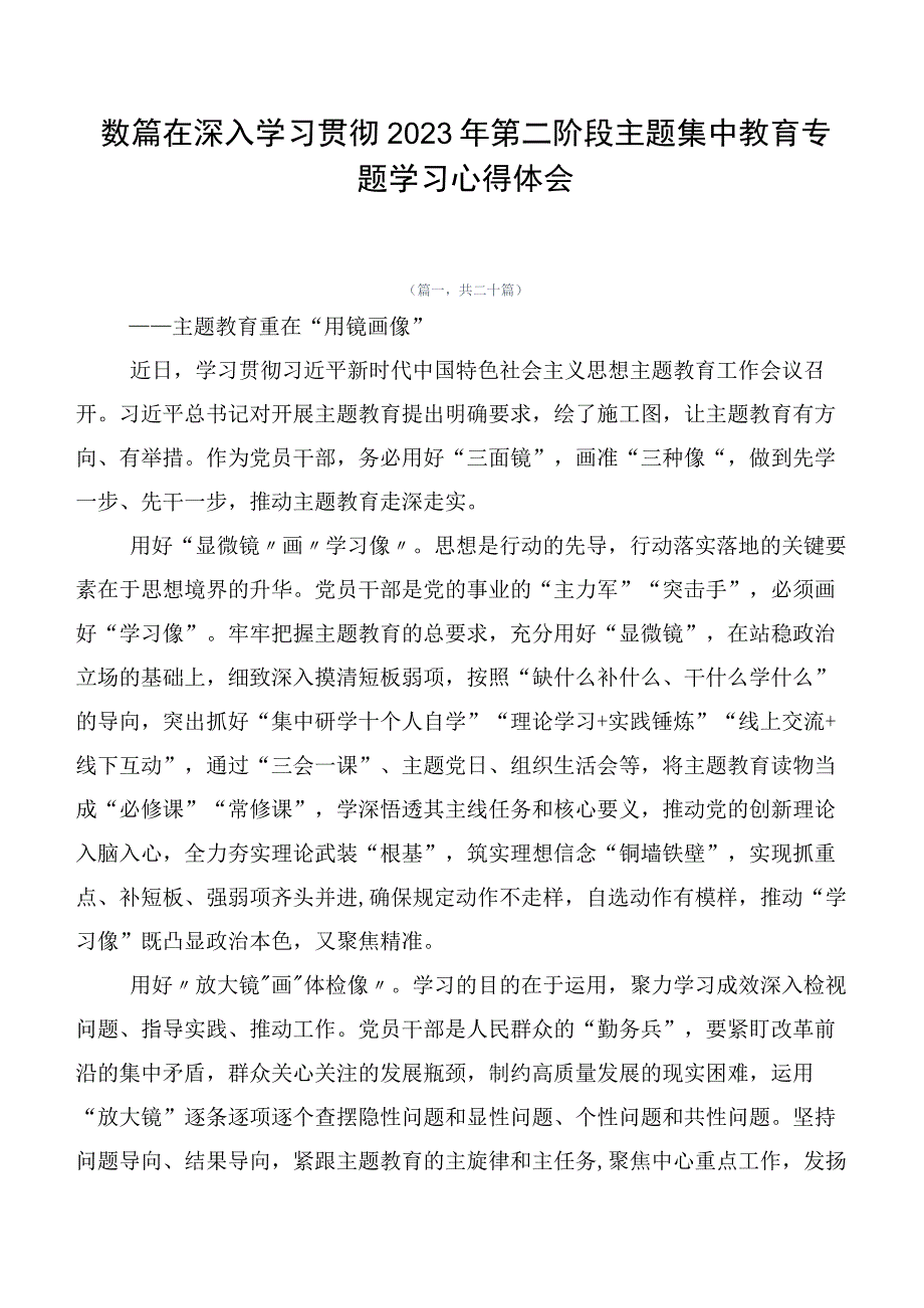 数篇在深入学习贯彻2023年第二阶段主题集中教育专题学习心得体会.docx_第1页