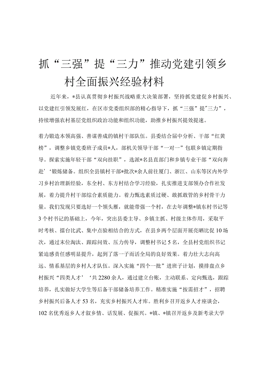 抓“三强”提“三力”推动党建引领乡村全面振兴经验材料.docx_第1页