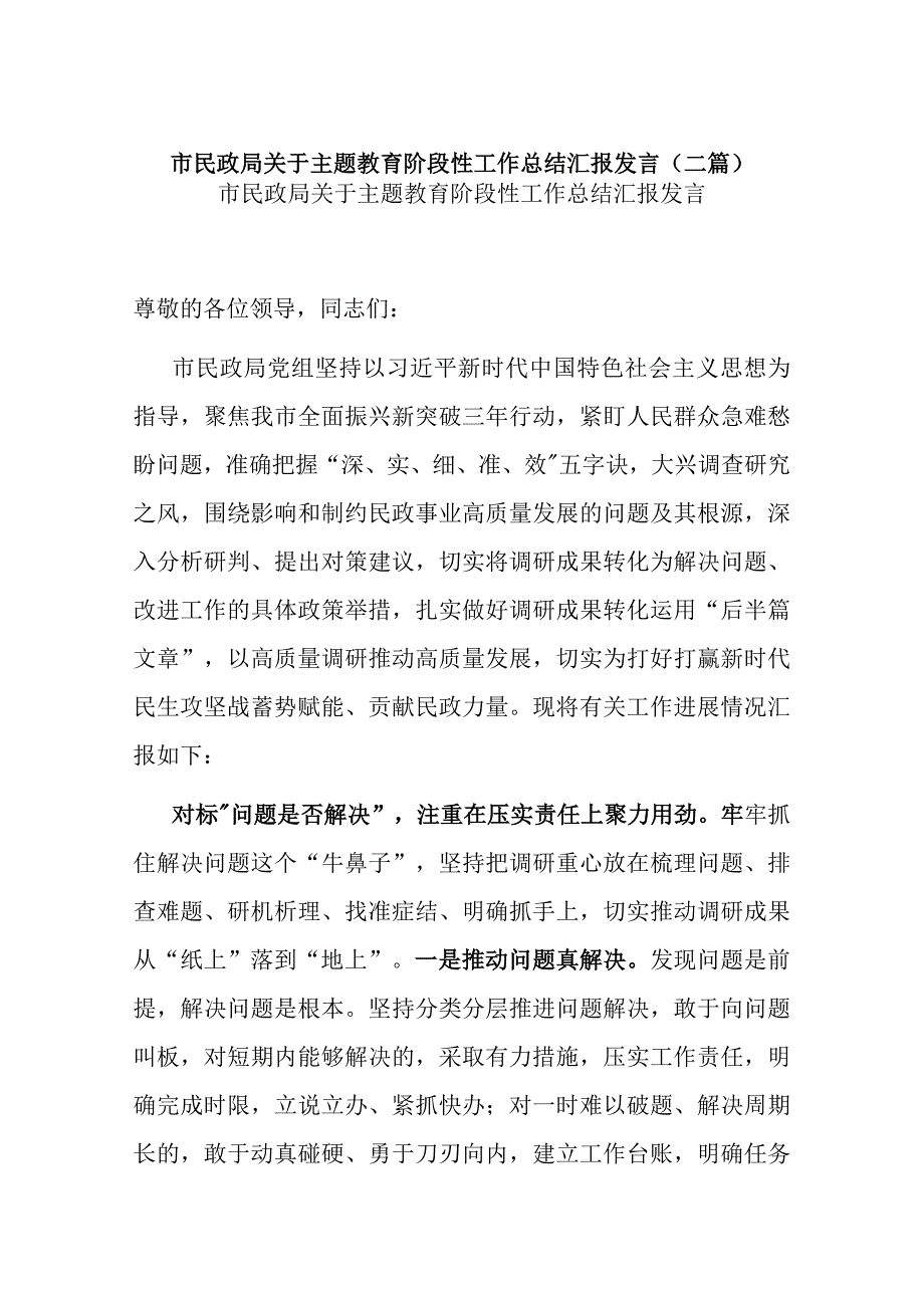 市民政局关于主题教育阶段性工作总结汇报发言(二篇).docx_第1页