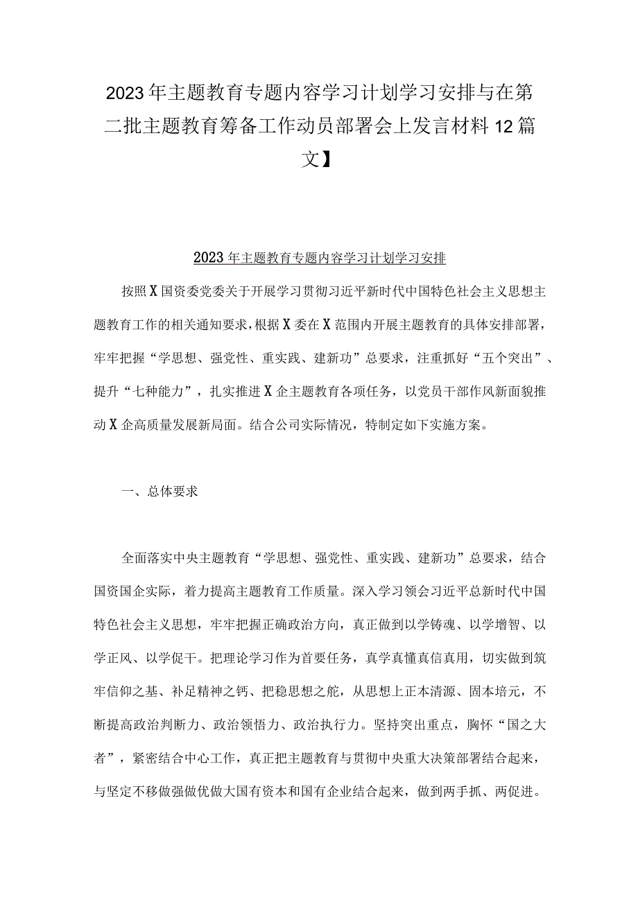 2023年主题教育专题内容学习计划学习安排与在第二批主题教育筹备工作动员部署会上发言材料【2篇文】.docx_第1页