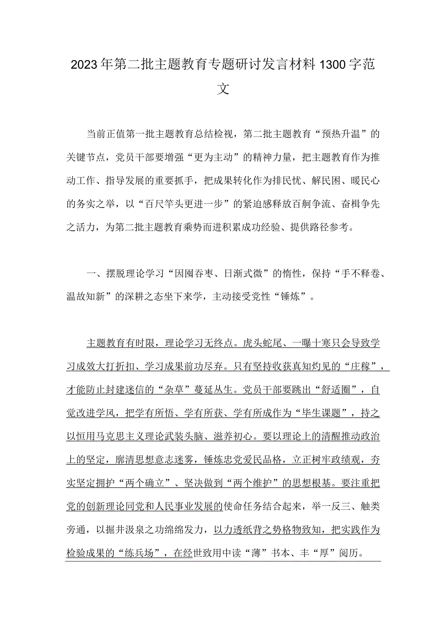 2023年第二批主题教育专题研讨发言材料1300字范文.docx_第1页