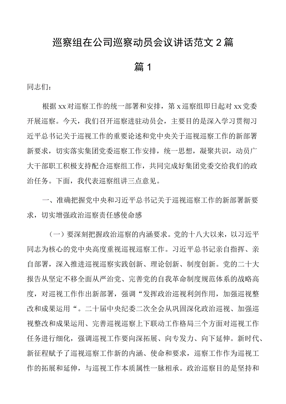 c组在公司巡c动员会议讲话企业部署2篇.docx_第1页