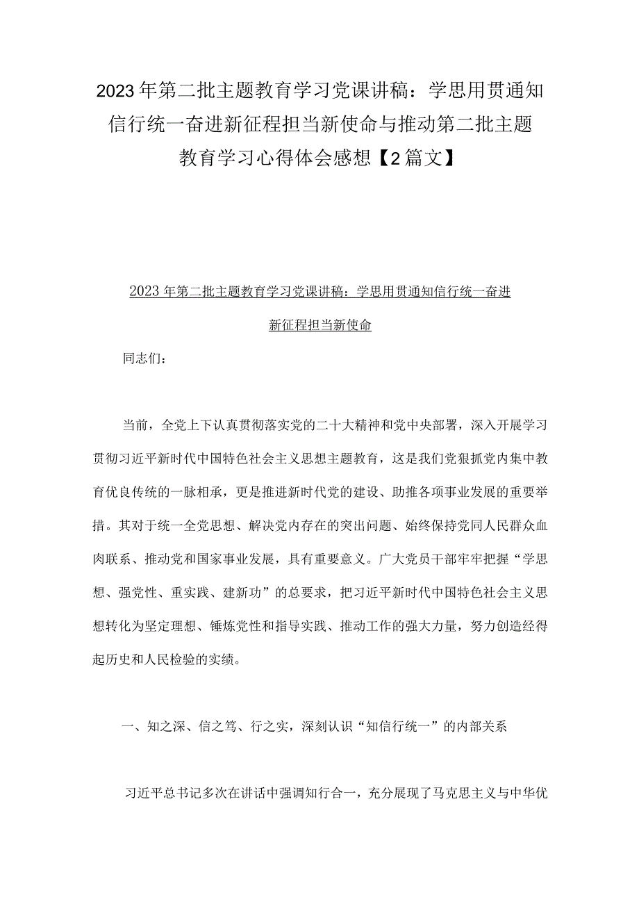 2023年第二批主题教育学习党课讲稿：学思用贯通知信行统一奋进新征程担当新使命与推动第二批主题教育学习心得体会感想【2篇文】.docx_第1页