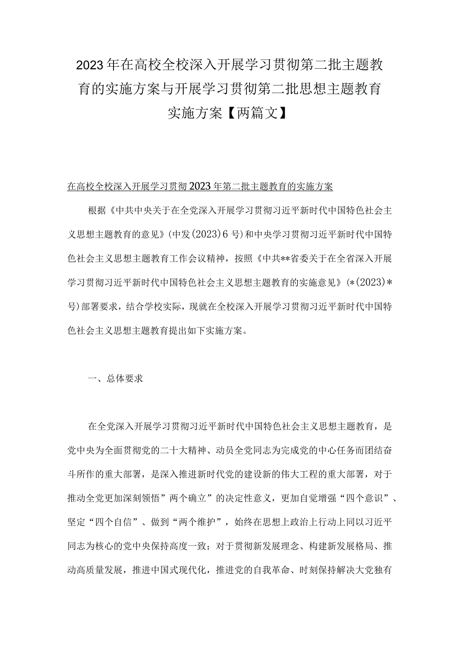 2023年在高校全校深入开展学习贯彻第二批主题教育的实施方案与开展学习贯彻第二批思想主题教育实施方案【两篇文】.docx_第1页