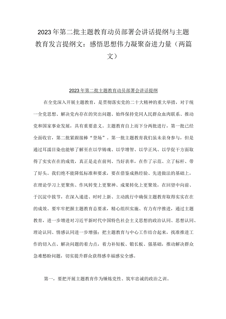 2023年第二批主题教育动员部署会讲话提纲与主题教育发言提纲文：感悟思想伟力凝聚奋进力量（两篇文）.docx_第1页