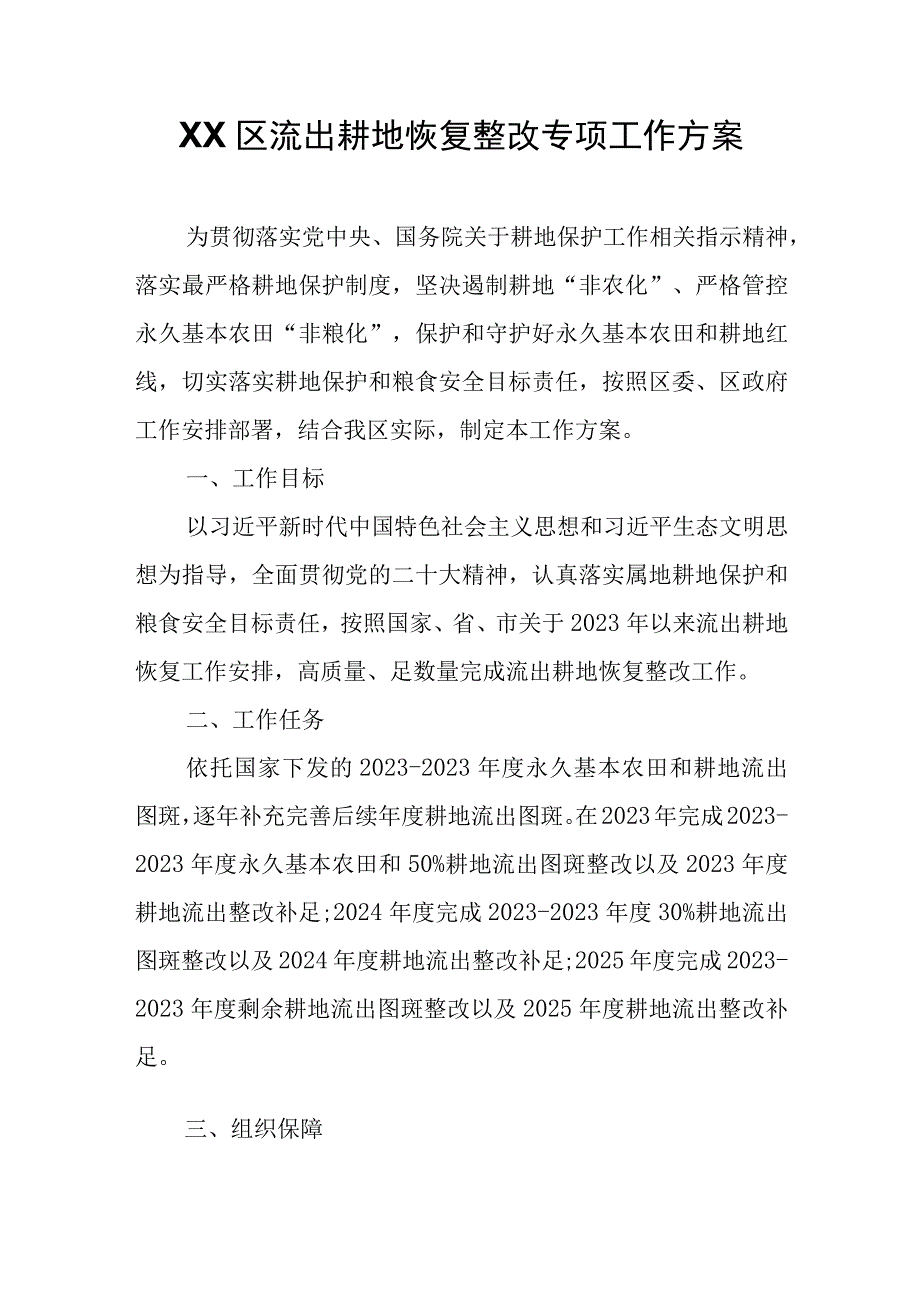 XX区流出耕地恢复整改专项工作方案.docx_第1页