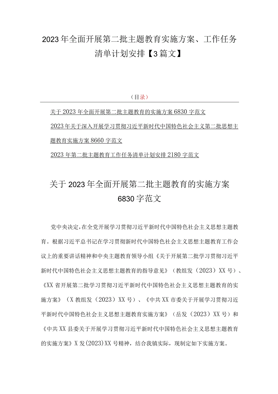 2023年全面开展第二批主题教育实施方案、工作任务清单计划安排【3篇文】.docx_第1页