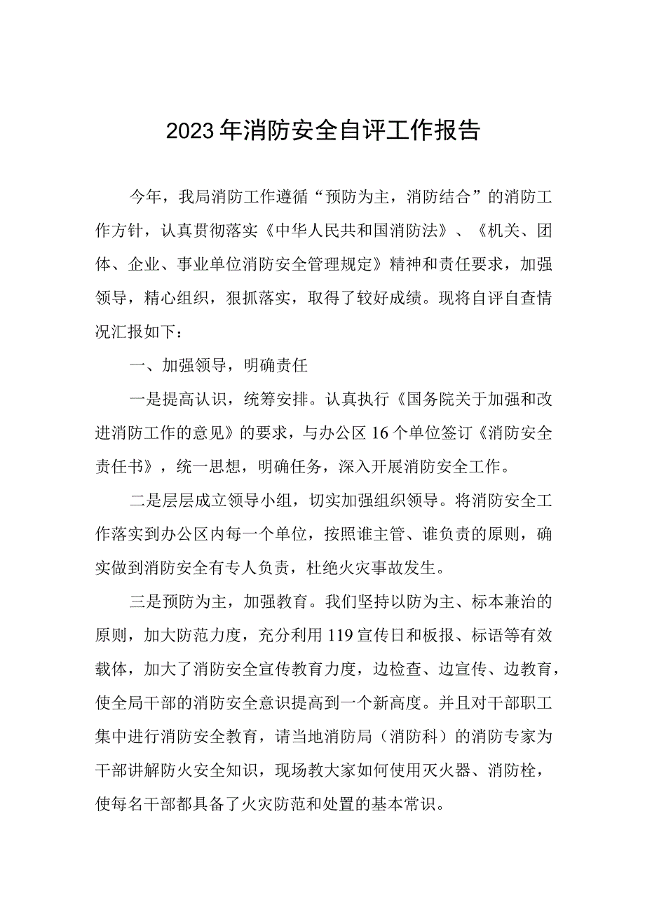 2023年消防安全自评工作报告.docx_第1页