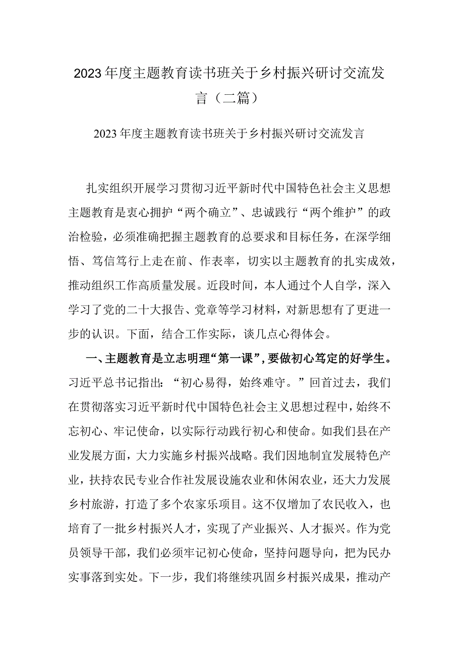 2023年度主题教育读书班关于乡村振兴研讨交流发言(二篇).docx_第1页