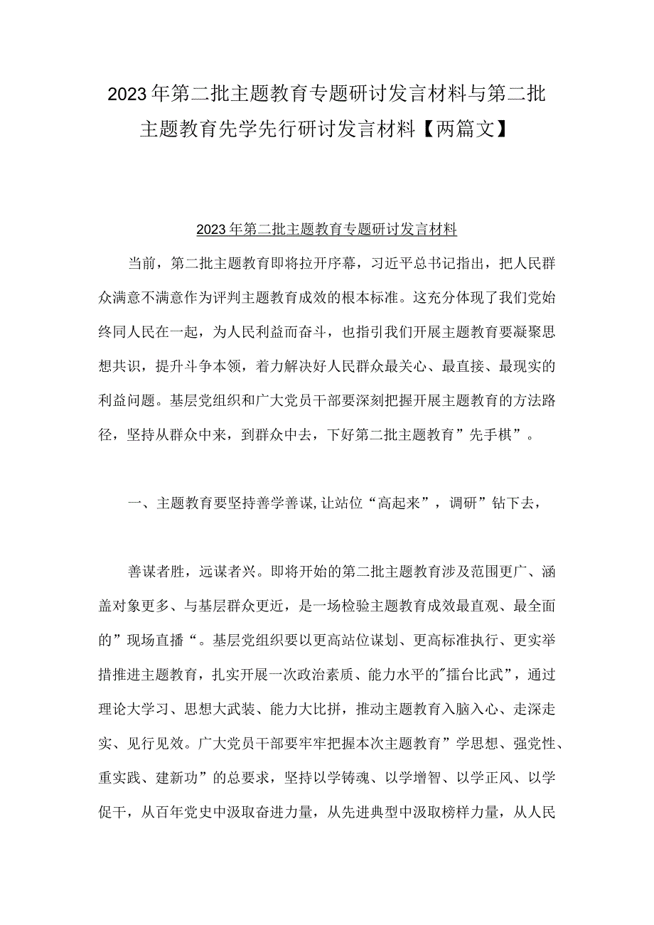 2023年第二批主题教育专题研讨发言材料与第二批主题教育先学先行研讨发言材料【两篇文】.docx_第1页