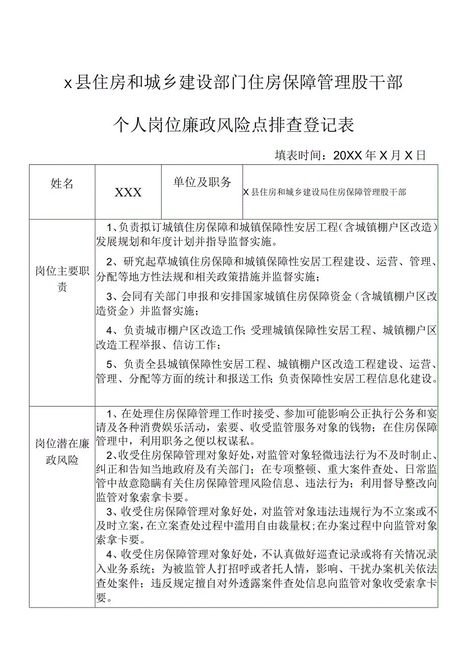 X 县住房和城乡建设部门住房保障管理股干部个人岗位廉政风险点排查登记表.docx_第1页