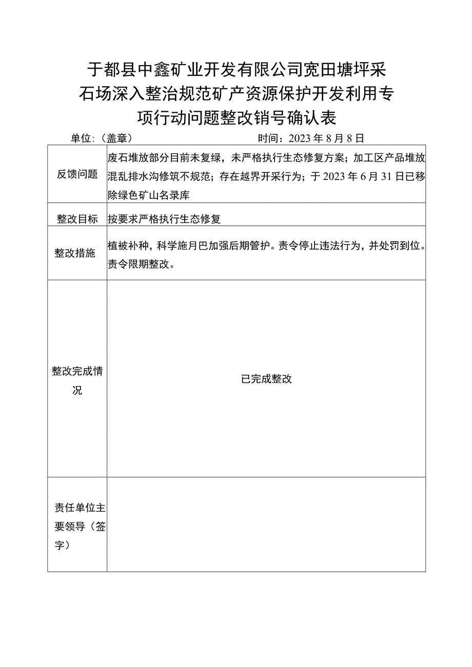 于都县中鑫矿业开发有限公司宽田塘坪采石场深入整治规范矿产资源保护开发利用专项行动问题整改销号确认表.docx_第1页