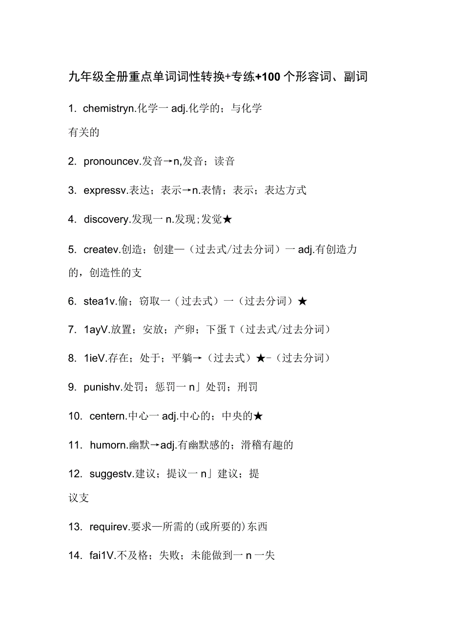 九年级全册重点单词词性转换+专练+100个形容词、副词.docx_第1页