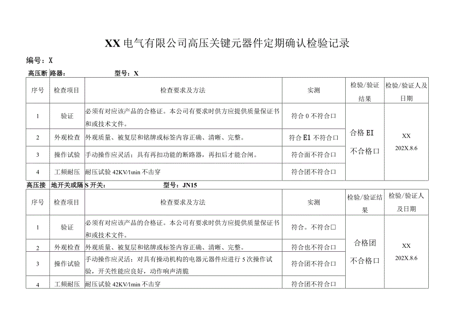 XX电气有限公司高压关键元器件定期确认检验记录（2023年）.docx_第1页