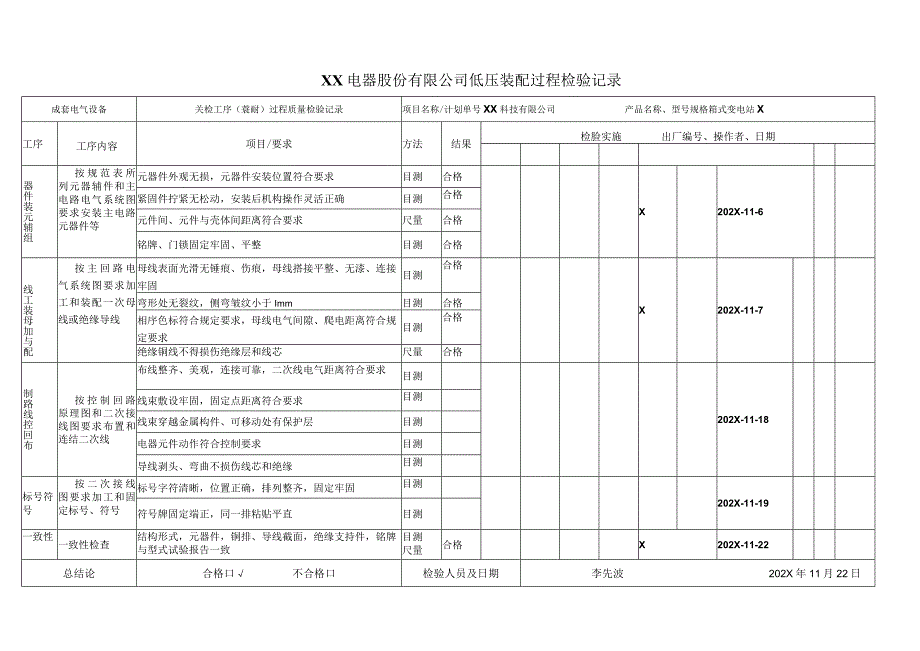 XX电器股份有限公司低压装配过程检验记录（2023年）.docx_第1页