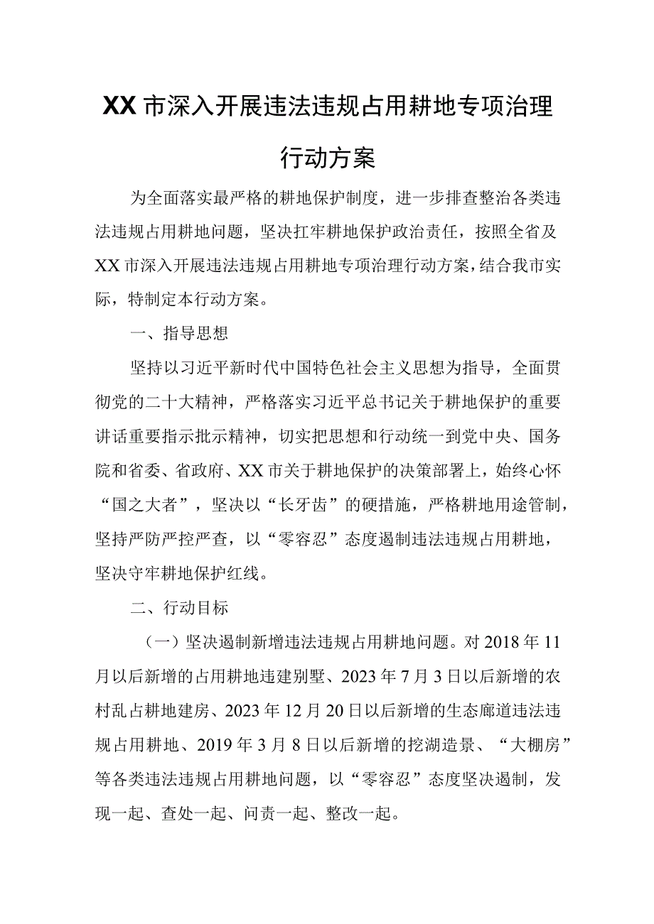 XX市深入开展违法违规占用耕地专项治理行动方案.docx_第1页