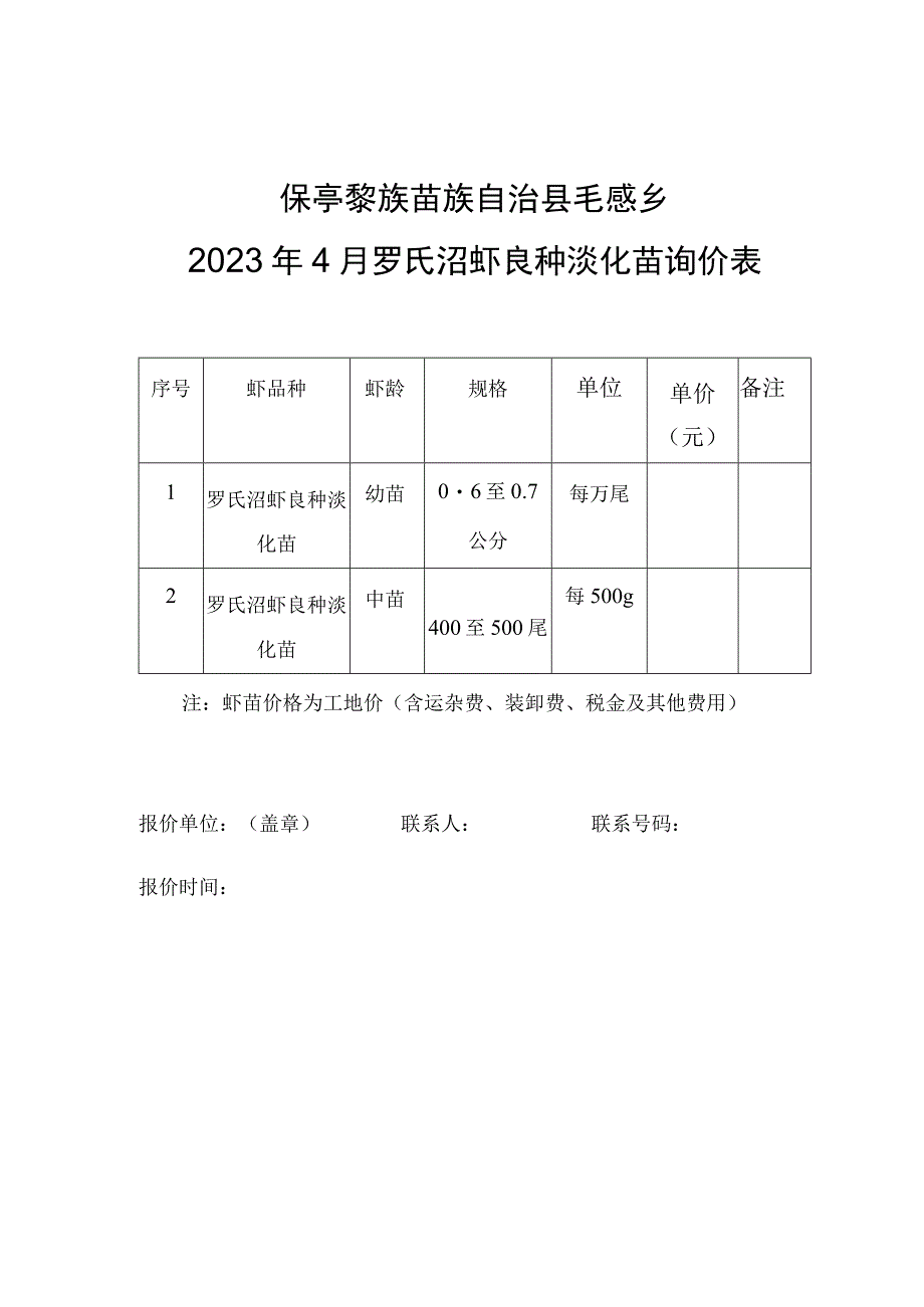 保亭黎族苗族自治县毛感乡2022年4月罗氏沼虾良种淡化苗询价表.docx_第1页