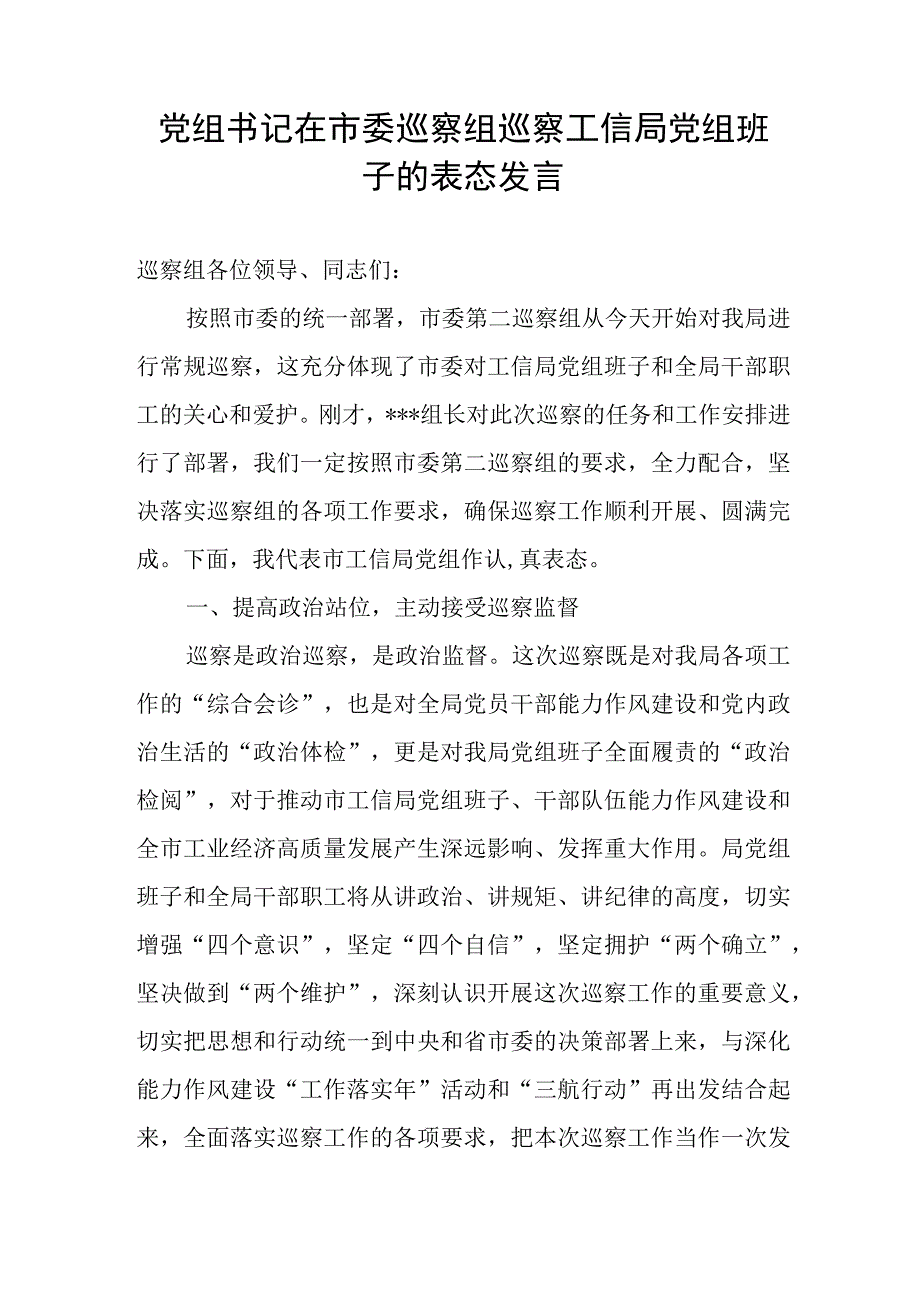 党组书记在市委巡察组巡察工信局党组班子的表态发言.docx_第1页