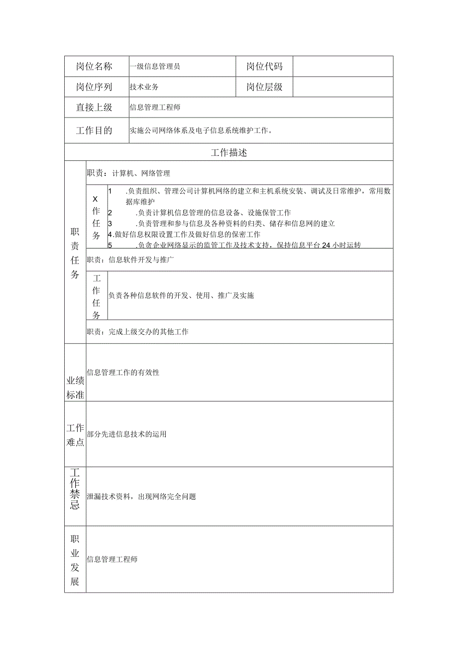 一级信息管理员--工业制造类岗位职责说明书.docx_第1页