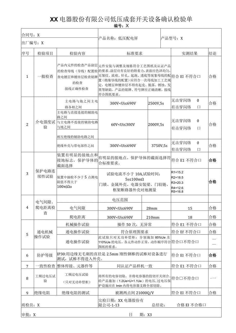 XX电器股份有限公司低压成套开关设备确认检验单（2023年）.docx_第1页