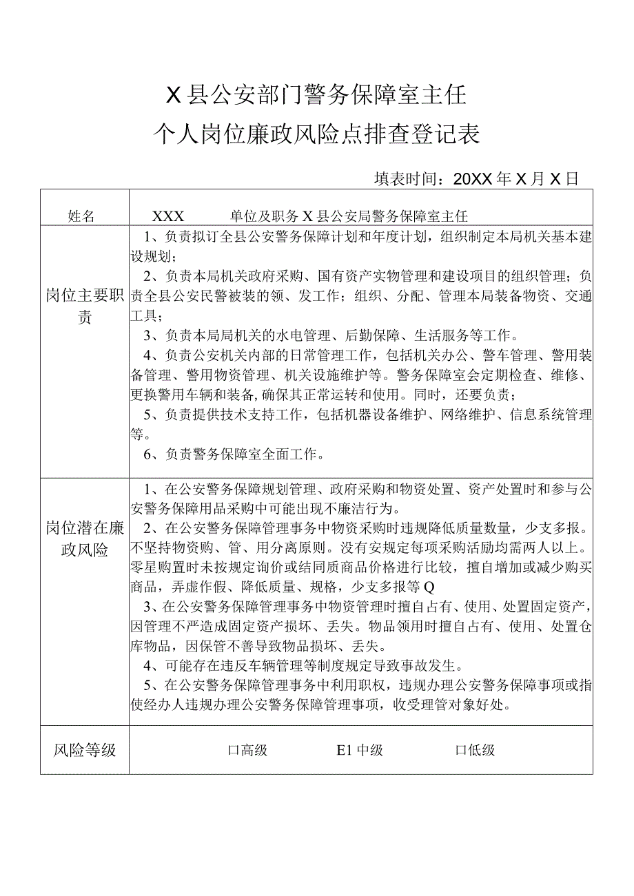 X县公安部门警务保障室主任个人岗位廉政风险点排查登记表.docx_第1页