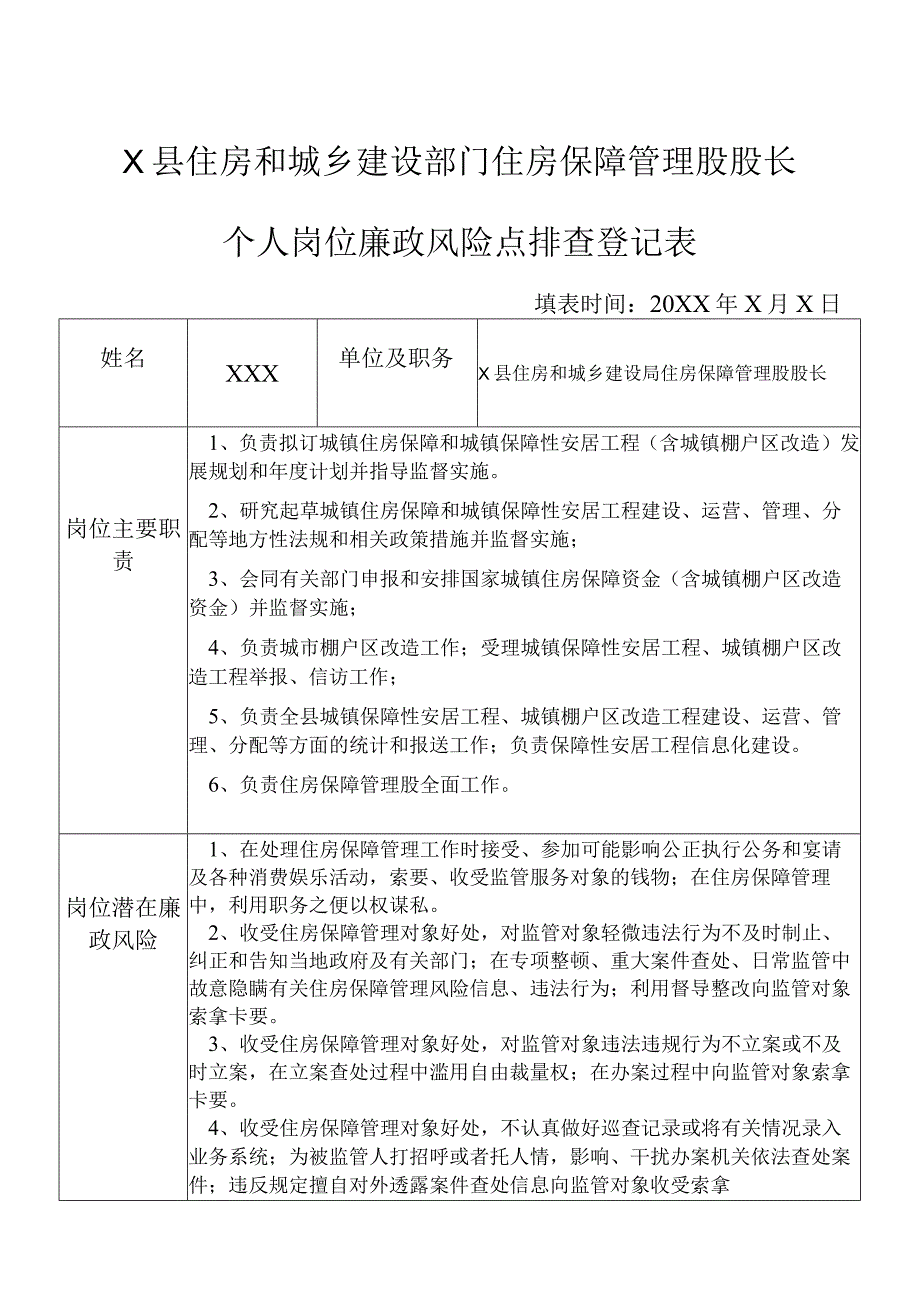 X县住房和城乡建设部门住房保障管理股股长个人岗位廉政风险点排查登记表.docx_第1页